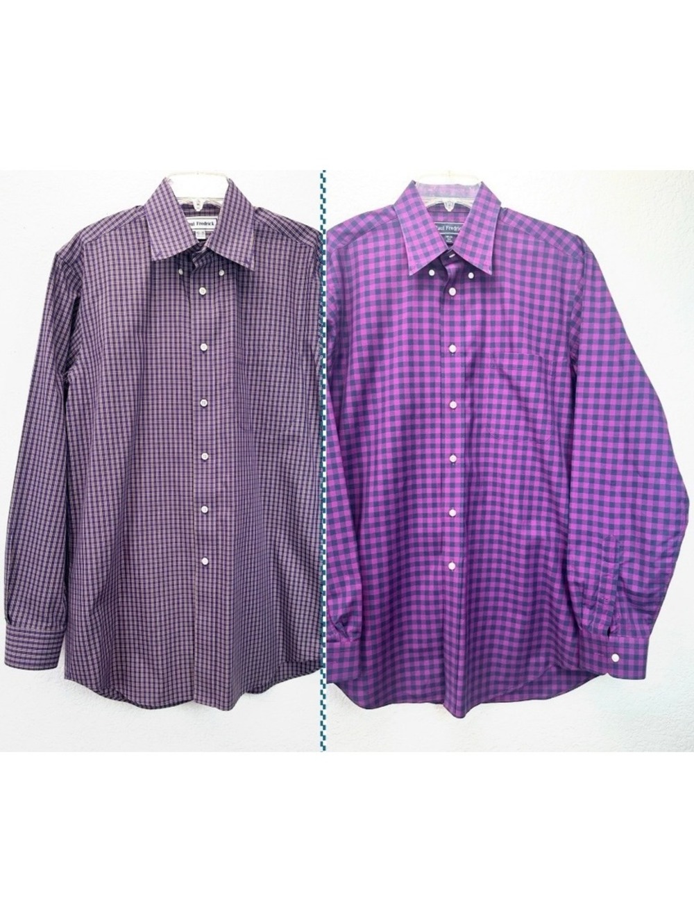Two Paul Fredrick Men’s 15½ 35 Sz M Button Down Long Sleeve Shirt Purple Plaid